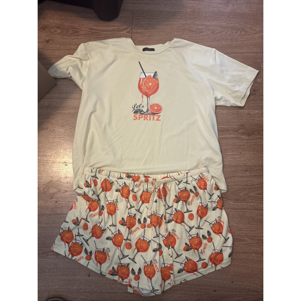 Canyon Creek 2-Piece Pajama Set Short Sleeve Tee & Shorts Yellow Orange Drinks